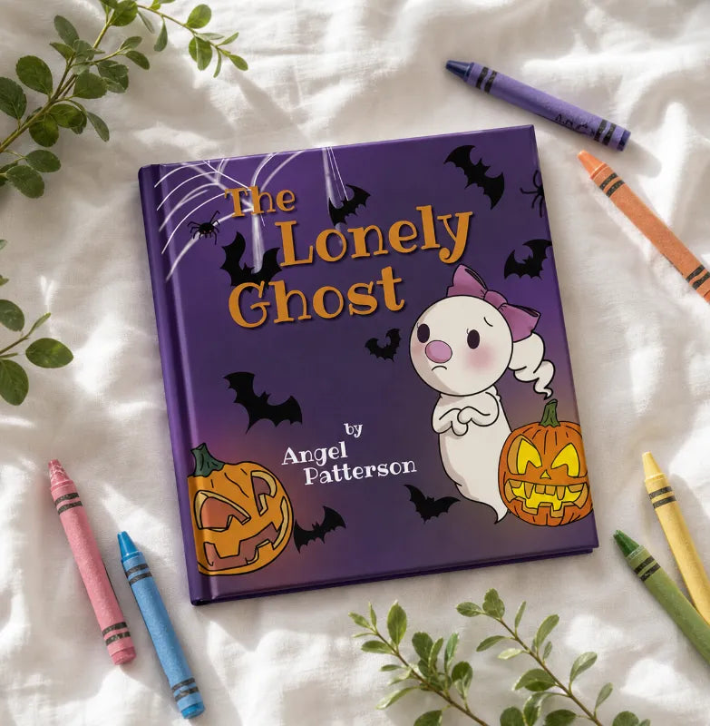 A hardcover children's book titled "The Lonely Ghost" by Angel Patterson, styled in a flat lay on white fabric with crayons and green leaves around it. The cover is purple with a cartoon ghost, jack-o'-lanterns, and bats.