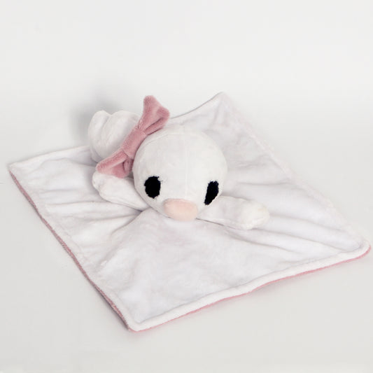 A white plush ghost comfort blanket with a pink bow and pink trim.