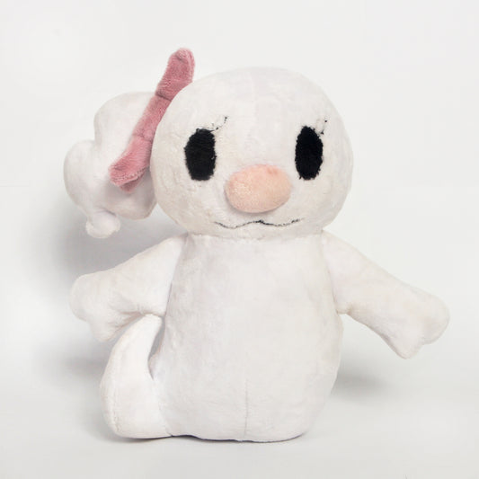 A white plush toy with black embroidered eyes, a pink nose, and a pink bow on its head, photographed against a plain white background.