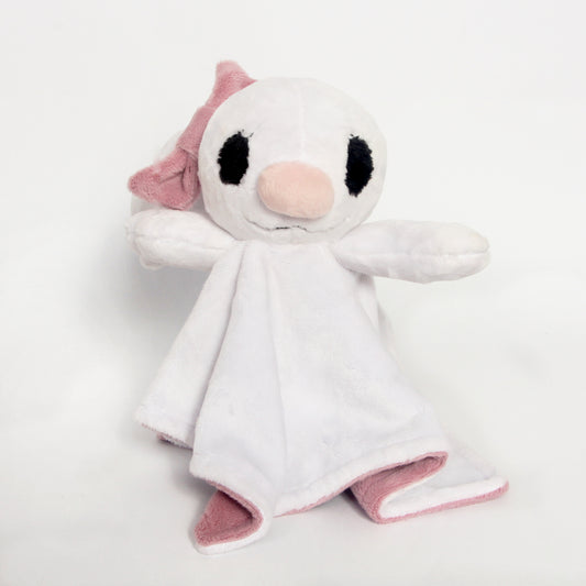 A white plush baby security blanket featuring a ghost character face with black eyes, a pink nose, and pink bow, with pink contrast fabric.
