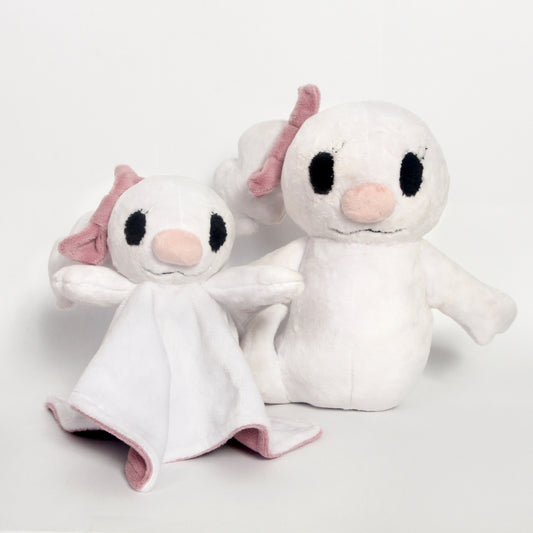 Two white plush ghost toys with pink bows, pink noses, and black hand-embroidered eyes, photographed on a clean light gray background.